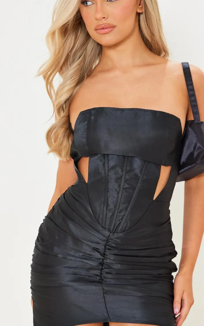 Black Woven Bandeau Cut Out Ruched Bodycon Dress