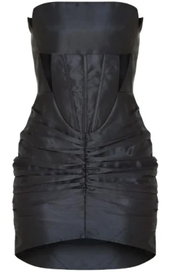 Black Woven Bandeau Cut Out Ruched Bodycon Dress