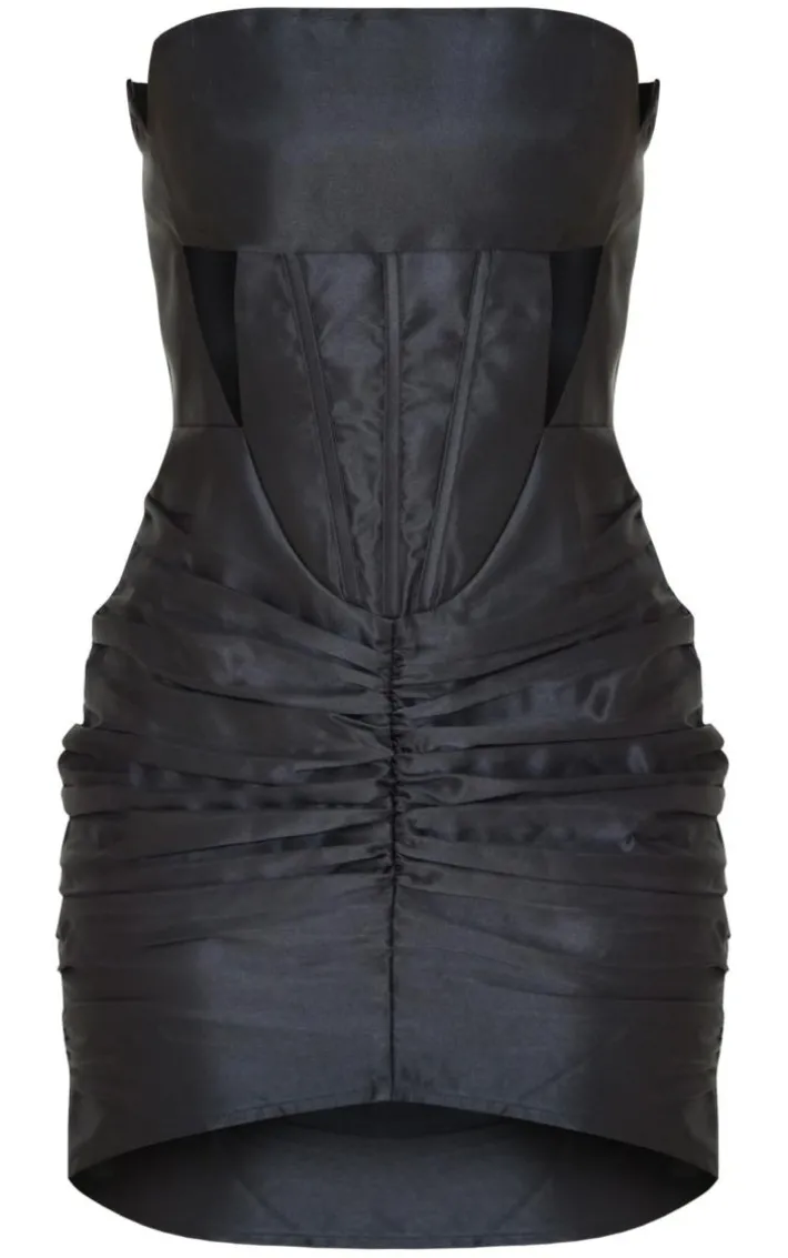 Black Woven Bandeau Cut Out Ruched Bodycon Dress