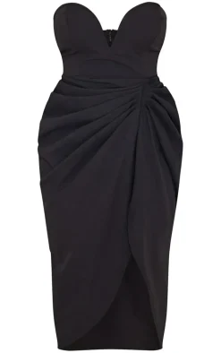 Black Woven Bandeau V Bar Gathered Hip Midi Dress