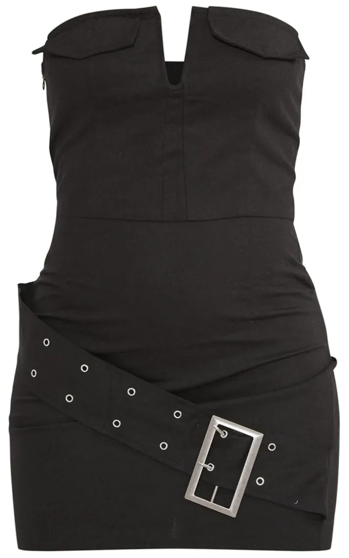 Black Woven Bandeau V Bar Pocket Detail Belted Bodycon Dress