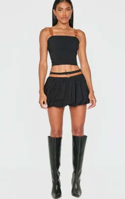 Black Woven Belted Puff Ball Skirt
