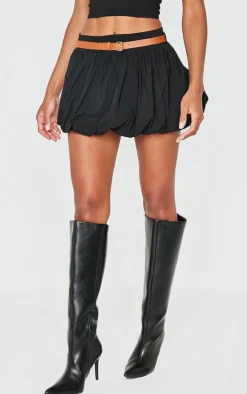 Black Woven Belted Puff Ball Skirt