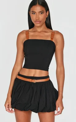 Black Woven Belted Puff Ball Skirt