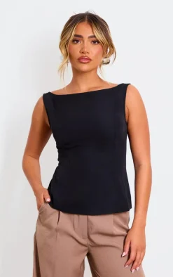 Black Woven Boatneck Scoop Back Long Top