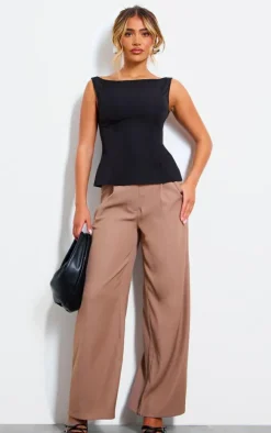 Black Woven Boatneck Scoop Back Long Top