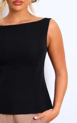 Black Woven Boatneck Scoop Back Long Top