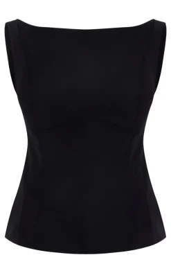 Black Woven Boatneck Scoop Back Long Top