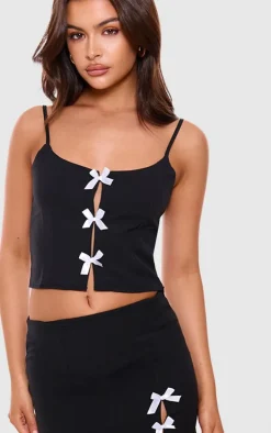 Black Woven Bow Detail Scooped Neck Crop Top