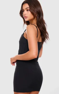 Black Woven Bow Detail Scooped Neck Crop Top