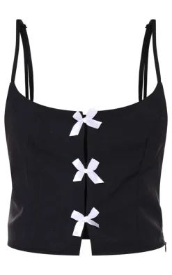 Black Woven Bow Detail Scooped Neck Crop Top