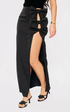 Black Woven Bow Thigh Detail Maxi Skirt