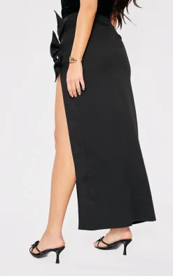Black Woven Bow Thigh Detail Maxi Skirt