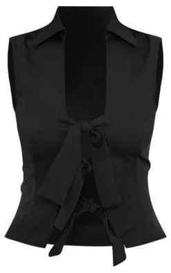 Black Woven Bow Tie Front Sleeveless Vest