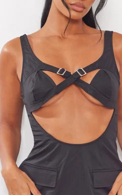 Black Woven Buckle Trim Cargo Style Bodycon Dress