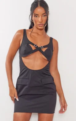 Black Woven Buckle Trim Cargo Style Bodycon Dress