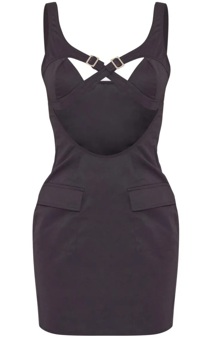 Black Woven Buckle Trim Cargo Style Bodycon Dress