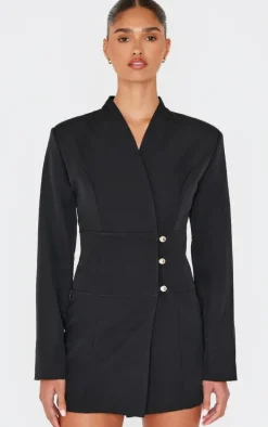 Black Woven Button Detail Blazer Dress