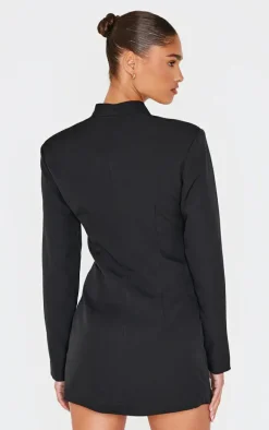 Black Woven Button Detail Blazer Dress