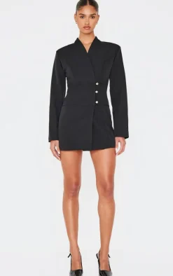Black Woven Button Detail Blazer Dress