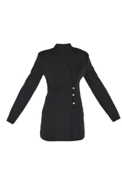 Black Woven Button Detail Blazer Dress