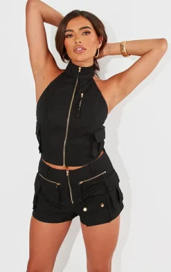 Black Woven Cargo High Neck Fitted Top