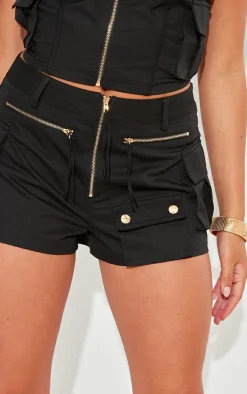 Black Woven Cargo Zip Front Hot Pants