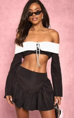 Black Woven Contrast Fold Over Collar Top