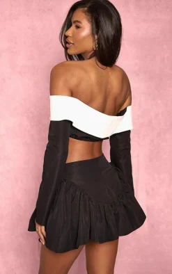 Black Woven Contrast Fold Over Collar Top