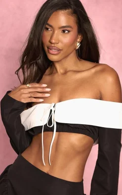 Black Woven Contrast Fold Over Collar Top