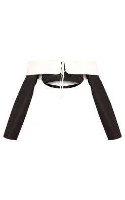 Black Woven Contrast Fold Over Collar Top