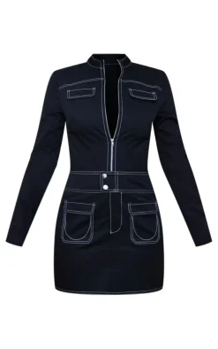 Black Woven Contrast Stitch Detail Bodycon Dress