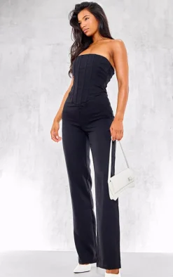Black Woven Corset Detail Straight Leg Jumpsuit