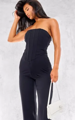 Black Woven Corset Detail Straight Leg Jumpsuit