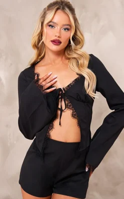 Black Woven Corset Frill Detail Flare Sleeve Romper