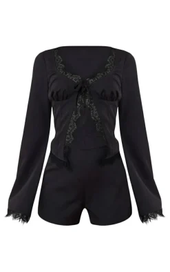 Black Woven Corset Frill Detail Flare Sleeve Romper