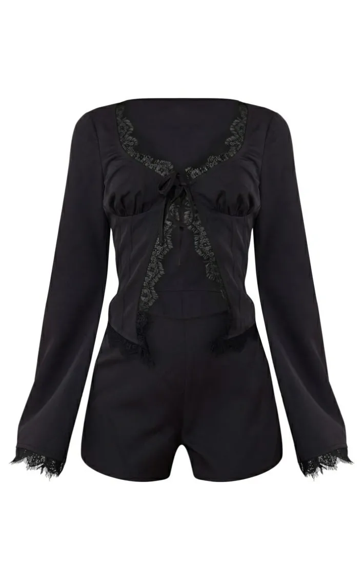 Black Woven Corset Frill Detail Flare Sleeve Romper