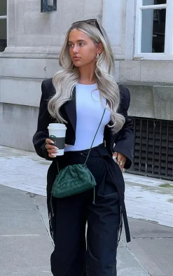 Black Woven Cropped Shoulder Padded Blazer