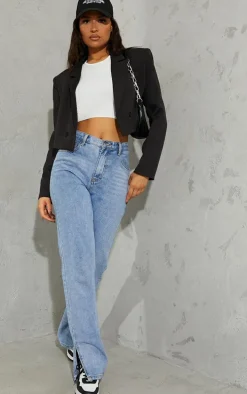 Black Woven Cropped Shoulder Padded Blazer