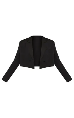 Black Woven Cropped Shoulder Padded Blazer