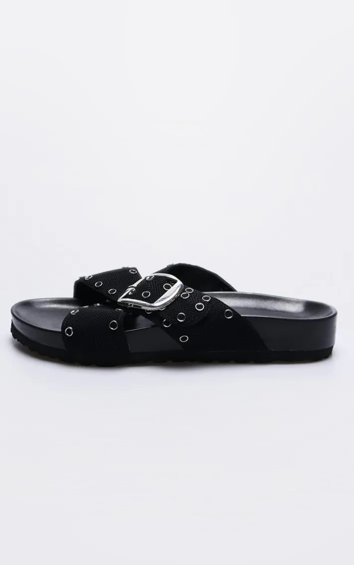 Black Woven Cross Strap Stud Buckle Detail Footbed Sandals