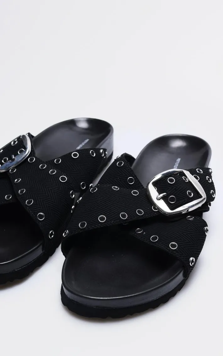 Black Woven Cross Strap Stud Buckle Detail Footbed Sandals