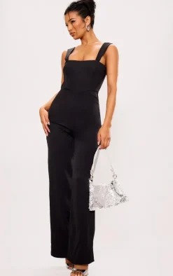Black Woven Cut Out Bow Detail Jumpsuit