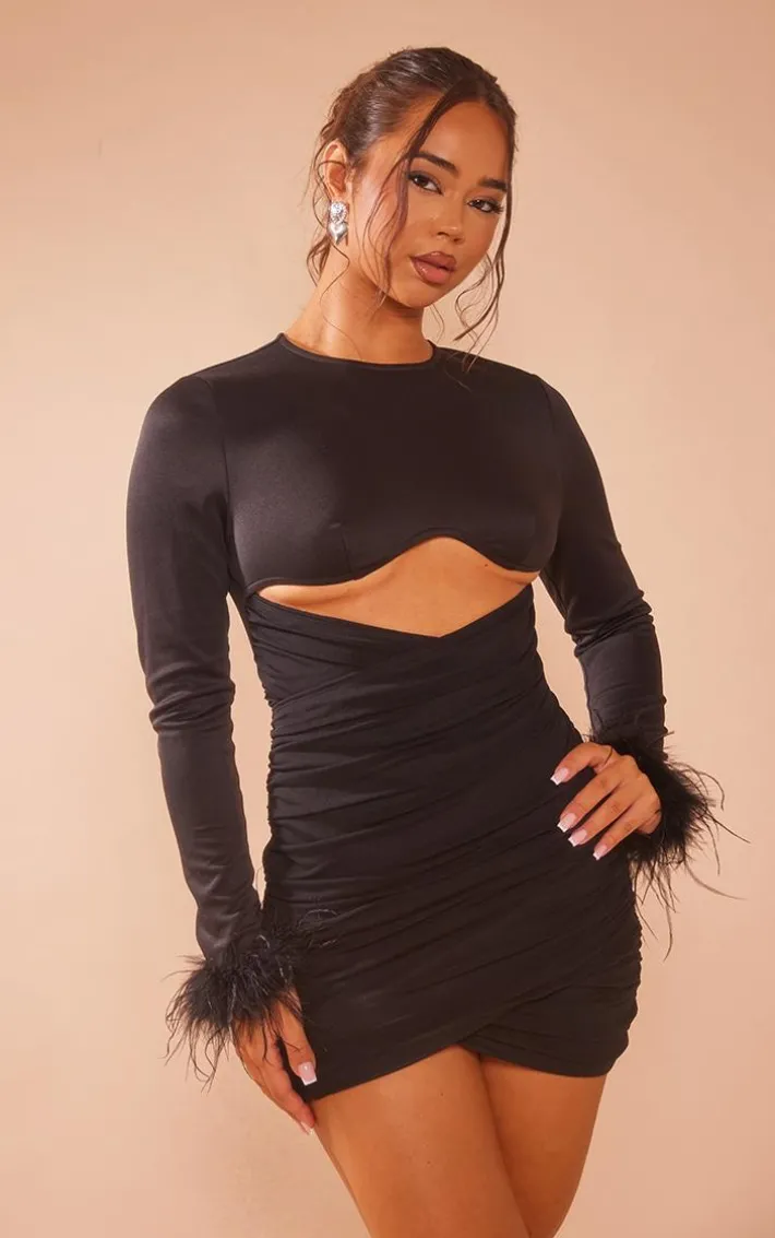 Black Woven Cut Out Long Sleeve Feather Cuff Bodycon Dress