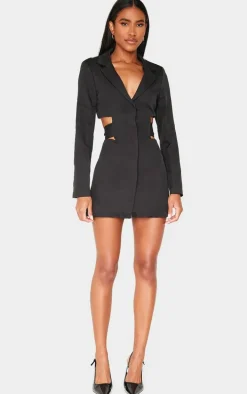 Black Woven Cut Out Tie Back Blazer Dress