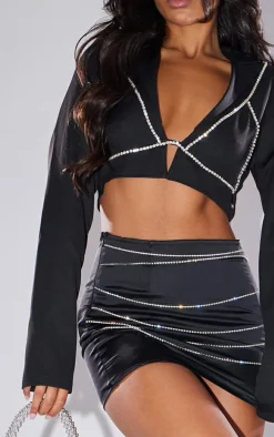 Black Woven Diamante Bralet Trim Long Sleeve Crop Top
