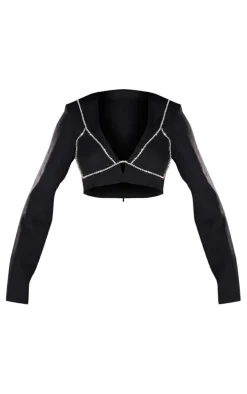 Black Woven Diamante Bralet Trim Long Sleeve Crop Top