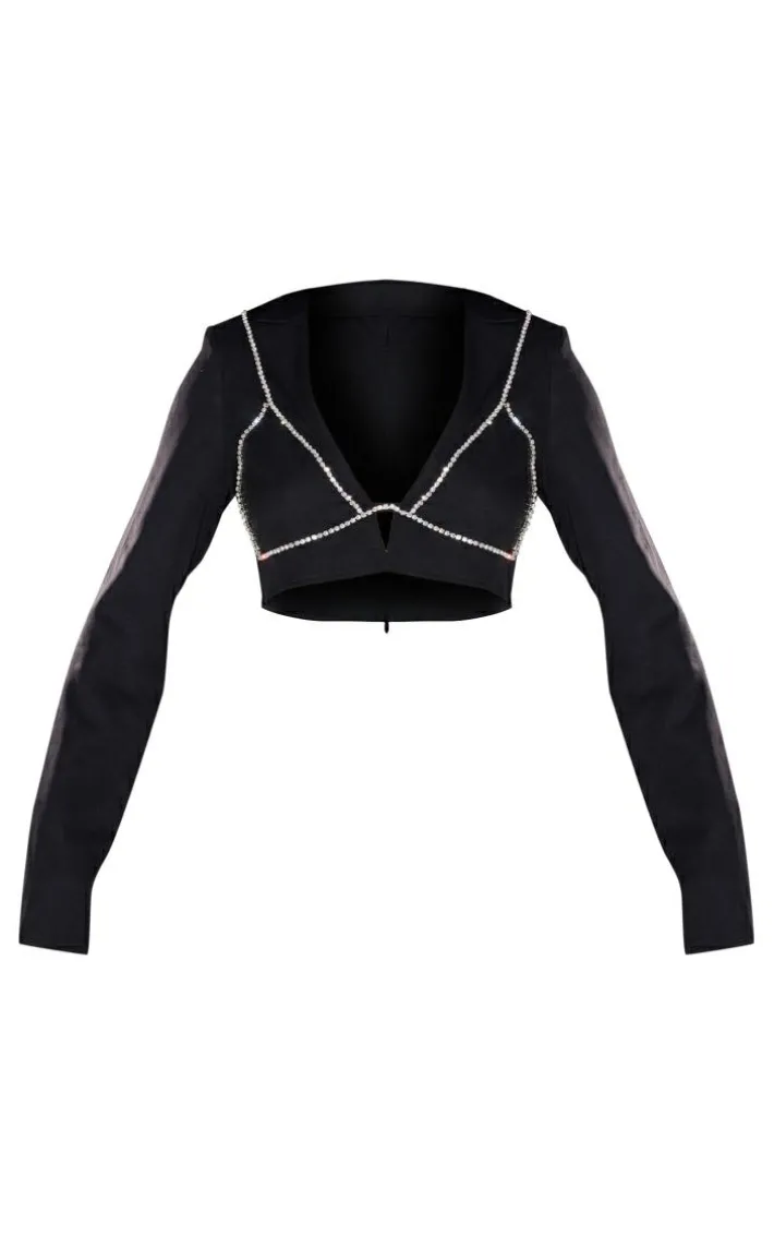 Black Woven Diamante Bralet Trim Long Sleeve Crop Top
