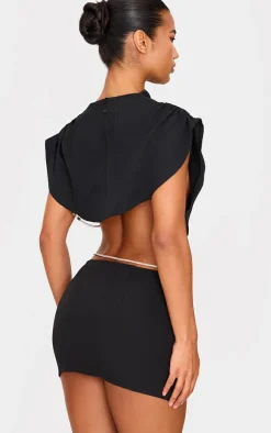 Black Woven Diamante Draped Front High Neck Top