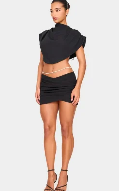 Black Woven Diamante Draped Front High Neck Top